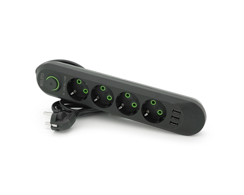 Мережевий фільтр F04U, 4 розетки EU + 3 USB, 1.5 м, перетин 3х0, 75мм, 2500W, Black, Box
