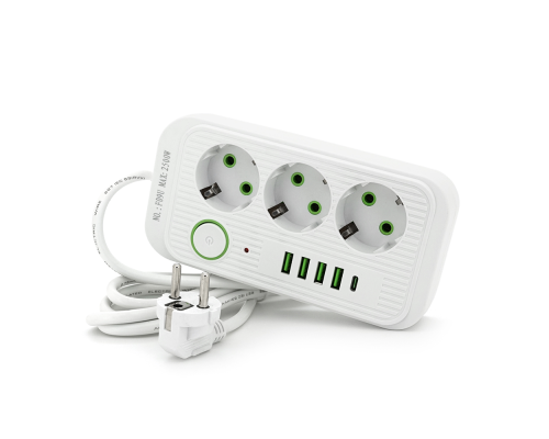 Фільтр мережі F09U, 3 розетки EU + 4 USB + 1PD, кнопка включення з індикатором, 2 м, 3х0,75мм, 2500W, White, Box Фільтр мережі F09U, 3 розетки EU + 4 USB + 1PD, кнопка включення з індикатором, 2 м, 3х0,75мм, 2500W, White, Box