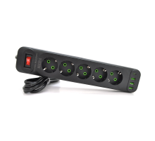 Мережевий фільтр F25U, 5 розеток EU+3 USB+PD, кнопка включення з індикатором, 2 м, 3х0,75мм, 2500W, Black, Box