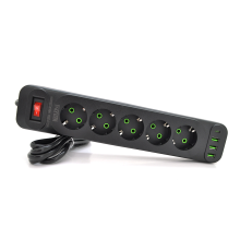 Мережевий фільтр F25U, 5 розеток EU+3 USB+PD, кнопка включення з індикатором, 2 м, 3х0,75мм, 2500W, Black, Box