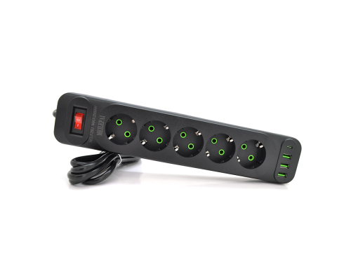 Мережевий фільтр F25U, 5 розеток EU+3 USB+PD, кнопка включення з індикатором, 2 м, 3х0,75мм, 2500W, Black, Box Мережевий фільтр F25U, 5 розеток EU+3 USB+PD, кнопка включення з індикатором, 2 м, 3х0,75мм, 2500W, Black, Box