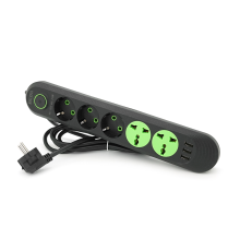 Мережевий фільтр F02U, 3 розетки EU + 2 розетки Universal + 3 USB, 1.5 м, перетин 3х0, 75мм, 2500W, Black, Box