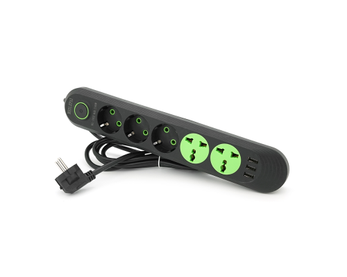 Мережевий фільтр F02U, 3 розетки EU + 2 розетки Universal + 3 USB, 1.5 м, перетин 3х0, 75мм, 2500W, Black, Box