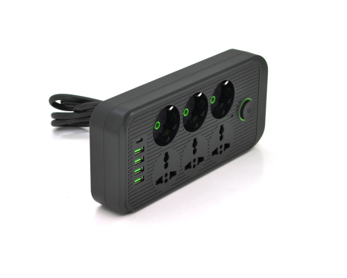 Мережевий фільтр F07U, 6 розеток (3 EU+3 Universal) + 4 USB + 1PD, кнопка включення з індикатором, 2 м, 3х0,75 мм, 2500W, Black, Box