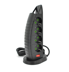 Мережевий фільтр F14, 8 розеток EU+3 USB+Type-C, кнопка включення з індикатором, 2 м, 3х0,75мм, 2500W, Black, Box