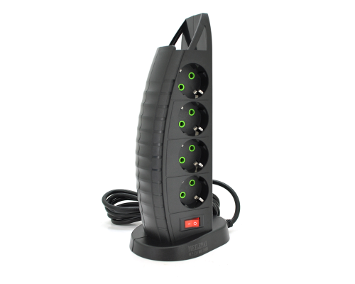 Мережевий фільтр F14, 8 розеток EU+3 USB+Type-C, кнопка включення з індикатором, 2 м, 3х0,75мм, 2500W, Black, Box