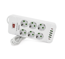 Мережевий фільтр F33U, 6 розеток EU + 4 USB + 2 PD, кнопка включення з індикатором, 2 м, 3х0,75 мм, 2500W, White, Box
