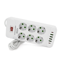 Мережевий фільтр F33U, 6 розеток EU + 4 USB + 2 PD, кнопка включення з індикатором, 2 м, 3х0,75 мм, 2500W, White, Box