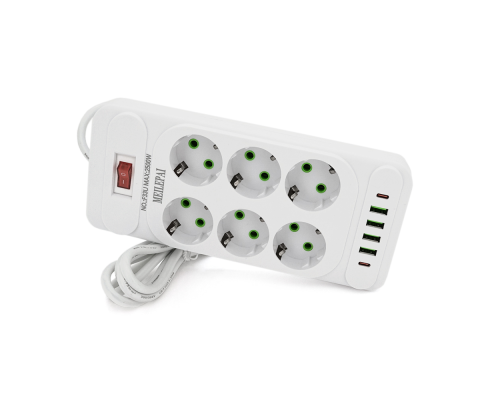 Мережевий фільтр F33U, 6 розеток EU + 4 USB + 2 PD, кнопка включення з індикатором, 2 м, 3х0,75 мм, 2500W, White, Box Мережевий фільтр F33U, 6 розеток EU + 4 USB + 2 PD, кнопка включення з індикатором, 2 м, 3х0,75 мм, 2500W, White, Box