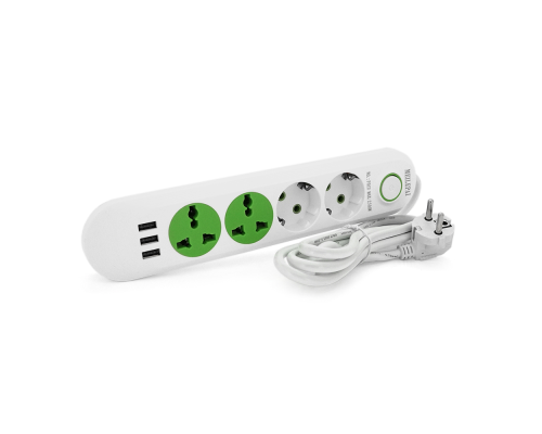 Мережевий фільтр F01U, 2 розетки EU + 2 розетки Universal + 3 USB, 1.5 м, перетин 3х0, 75мм, 2500W, White, Box