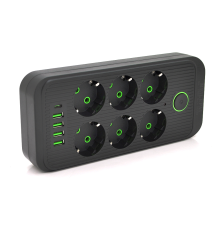 Мережевий фільтр F06U, 6 розеток EU + 4 USB+1PD, кнопка включення з індикатором, 2 м, 3х0, 75мм, 2500W, Black, Box