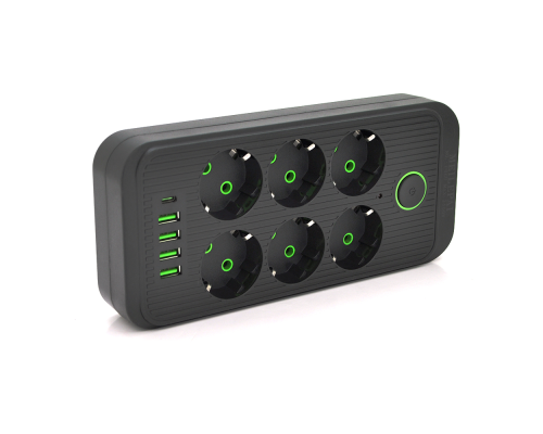 Мережевий фільтр F06U, 6 розеток EU + 4 USB+1PD, кнопка включення з індикатором, 2 м, 3х0, 75мм, 2500W, Black, Box Мережевий фільтр F06U, 6 розеток EU + 4 USB+1PD, кнопка включення з індикатором, 2 м, 3х0, 75мм, 2500W, Black, Box