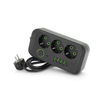 Фільтр F09U, 3 розетки EU + 4 USB + 1PD, кнопка включення з індикатором, 2 м, 3х0,75мм, 2500W, Black, Box