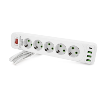 Мережевий фільтр F25U, 5 розеток EU+3 USB+PD, кнопка включення з індикатором, 2 м, 3х0,75мм, 2500W, White, Box