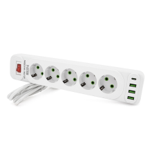 Мережевий фільтр F25U, 5 розеток EU+3 USB+PD, кнопка включення з індикатором, 2 м, 3х0,75мм, 2500W, White, Box