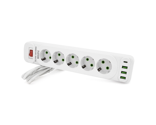 Мережевий фільтр F25U, 5 розеток EU+3 USB+PD, кнопка включення з індикатором, 2 м, 3х0,75мм, 2500W, White, Box Мережевий фільтр F25U, 5 розеток EU+3 USB+PD, кнопка включення з індикатором, 2 м, 3х0,75мм, 2500W, White, Box
