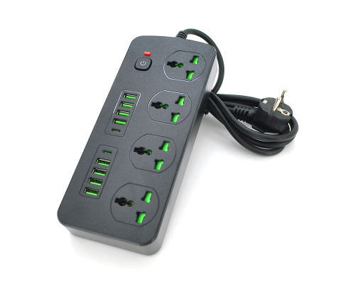 Мережевий фільтр Т25, 4 розетки + 8 USB + 2 PD, 2 м, перетин 3х0, 75мм, 3000W, Black, Box