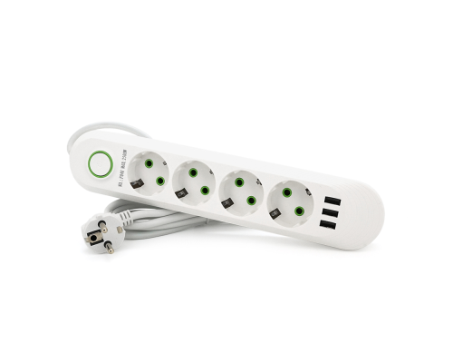 Мережевий фільтр F04U, 4 розетки EU + 3 USB, 1.5 м, перетин 3х0, 75мм, 2500W, White, Box