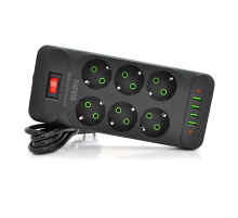 Мережевий фільтр F33U, 6 розеток EU + 4 USB + 2 PD, кнопка включення з індикатором, 2 м, 3х0,75 мм, 2500W, Black, Box
