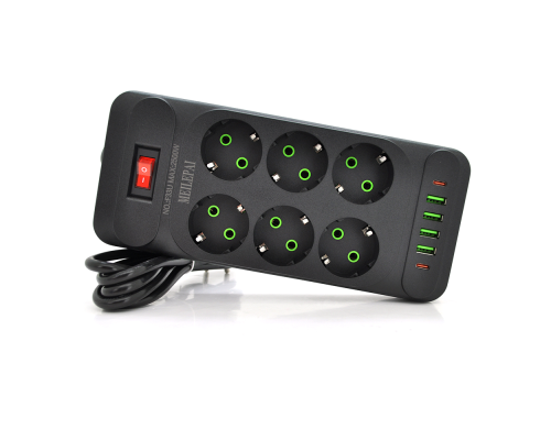 Мережевий фільтр F33U, 6 розеток EU + 4 USB + 2 PD, кнопка включення з індикатором, 2 м, 3х0,75 мм, 2500W, Black, Box Мережевий фільтр F33U, 6 розеток EU + 4 USB + 2 PD, кнопка включення з індикатором, 2 м, 3х0,75 мм, 2500W, Black, Box