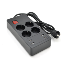 Мережевий фільтр на 4 розетки + 4 USB виходи 5V-2.4A, кнопка включення з індикатором, 16A, 250V/4000W, Black