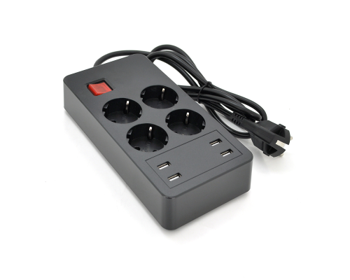 Мережевий фільтр на 4 розетки + 4 USB виходи 5V-2.4A, кнопка включення з індикатором, 16A, 250V/4000W, Black Мережевий фільтр на 4 розетки + 4 USB виходи 5V-2.4A, кнопка включення з індикатором, 16A, 250V/4000W, Black