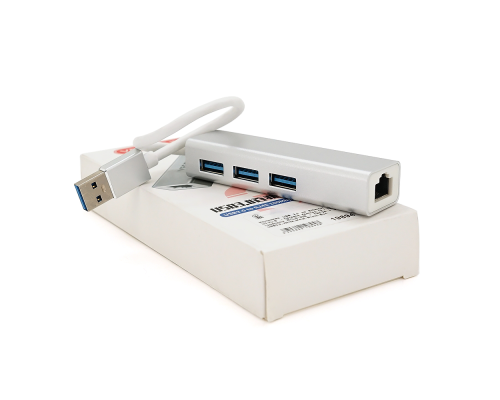 Контролер USB 3.0 до Ethernet VEGGIEG U3-3U-S - Сетевой адаптер 10 / 100Mbps з проводом RTL-8152B + FE2.2S + 3 порта USB3.0, White, Metal, Blister-Box