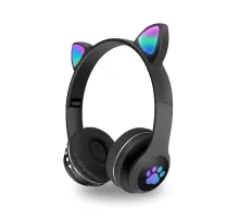 Беспроводные наушники с кошачьими ушками и RGB подсветкой FM радио, micro SD Cat MZ-023 Чёрные