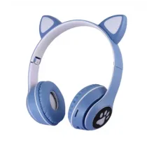 Наушники с кошачьими ушками беспроводные и RGB подсветкой FM радио, micro SD Cat MZ-023 Синие