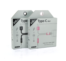 Перехідник 2 в 1 KY-174 Type-C(M) =>Type-C(F) + Jack 3.5mm(F), 5см, White/Pink, Box