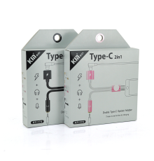 Перехідник 2 в 1 KY-174 Type-C(M) =>Type-C(F) + Jack 3.5mm(F), 5см, White/Pink, Box
