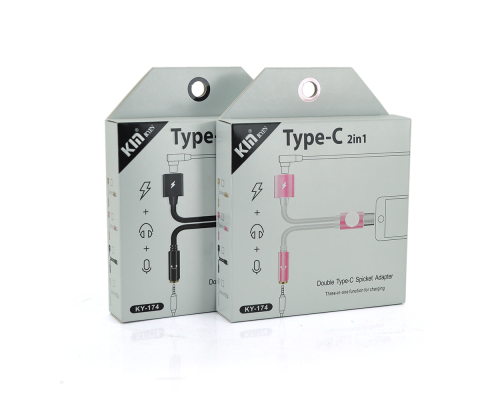 Перехідник 2 в 1 KY-174 Type-C(M) =>Type-C(F) + Jack 3.5mm(F), 5см, White/Pink, Box