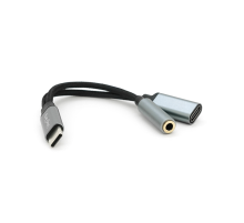 Перехідник VEGGIEG TC-208 Type-C(M) => Jack 3.5mm(F)+Type-C(F), 5см, Silver/Black, Пакет
