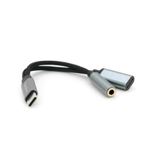 Перехідник VEGGIEG TC-208 Type-C(M) => Jack 3.5mm(F)+Type-C(F), 5см, Silver/Black, Пакет