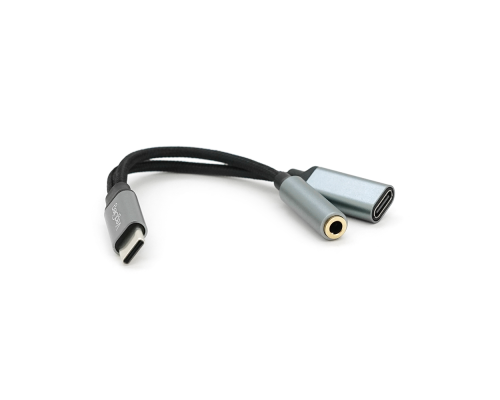 Перехідник VEGGIEG TC-208 Type-C(M) => Jack 3.5mm(F)+Type-C(F), 5см, Silver/Black, Пакет