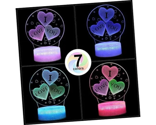 3D Нічник у формі серця з написом I Love You Приліжкова лампа LED 7 кольорів світіння