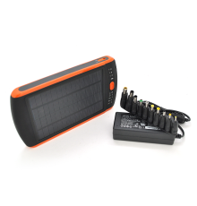 Power bank 23000 mAh Solar, Flashlight, Input:15-20V/2A, Output:5V/2,1A(USB), For Laptop charger, rubberized case, Black, BOX