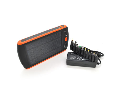 Power bank 23000 mAh Solar, Flashlight, Input:15-20V/2A, Output:5V/2,1A(USB), For Laptop charger, rubberized case, Black, BOX