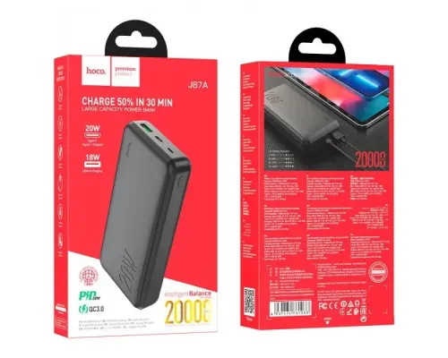 Зовнішній акумулятор Power bank HOCO J87A Tacker PD20W+QC3.0 20000 mAh батарея заряджання Чорний Зовнішній акумулятор Power bank HOCO J87A Tacker PD20W+QC3.0 20000 mAh батарея заряджання Чорний