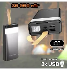 Повербанк BOROFONE BJ18-20000мАг Power Bank з цифровим дисплеєм, ліхтарем, 2хUSB Чорний BYT