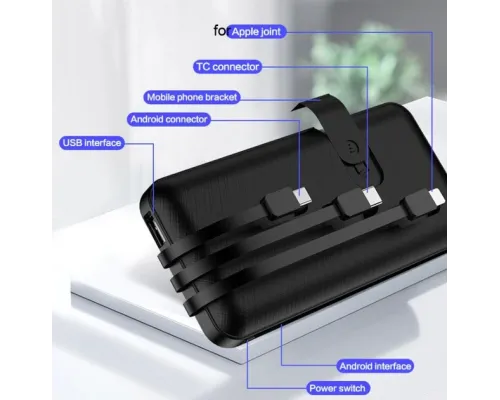 Павербанк 5000 mAh вбудовані кабелі USB, micro USB, Type-C, Lightning з Підставкою для телефона, Портативна Павербанк 5000 mAh вбудовані кабелі USB, micro USB, Type-C, Lightning з Підставкою для телефона, Портативна