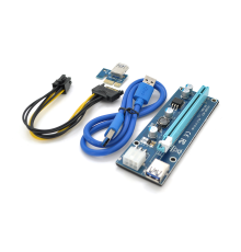 Riser PCI-EX, x1=>x16, 6-pin, SATA=>6Pin, USB 3.0 AM-AM 0,6 м (синій), конденсатори FP5K, Пакет