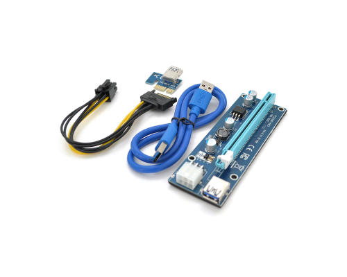 Riser PCI-EX, x1=>x16, 6-pin, SATA=>6Pin, USB 3.0 AM-AM 0,6 м (синій), конденсатори FP5K, Пакет
