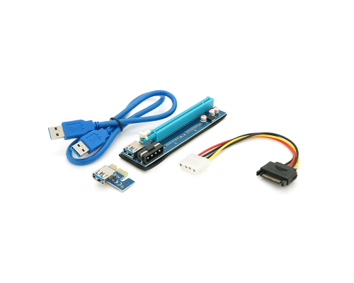 Riser PCI-EX, x1=>x16, 4-pin MOLEX, SATA=>4Pin, USB 3.0 AM-AM 0,6 м (синій), конденсатори PS 100 16V, Пакет