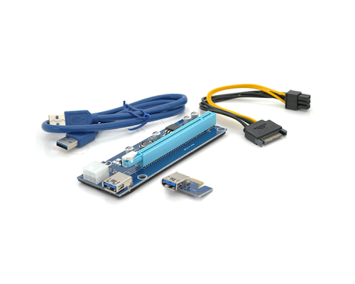 Riser PCI-EX, x1=>x16, 6-pin, SATA=>6Pin, USB 3.0 AM-AM 0,6 м (синій), конденсатори CS 220 16V, Пакет
