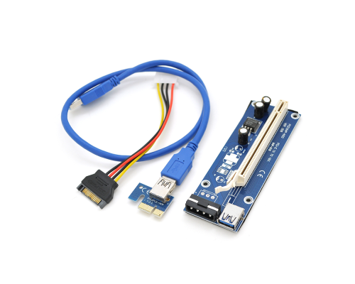 Riser PCI-EX, x1 => x16, 4-pin MOLEX, SATA => 4Pin, USB 3.0 AM-AM 0,6 м (синій), конденсатори CS 220 16V, Пакет Riser PCI-EX, x1 => x16, 4-pin MOLEX, SATA => 4Pin, USB 3.0 AM-AM 0,6 м (синій), конденсатори CS 220 16V, Пакет