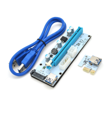Riser PCI-EX, x1 => x16, 4-pin / 6-pin / Sata, USB 3.0 AM-AM 0,6 м (синій), конденсатори 270, White, Пакет