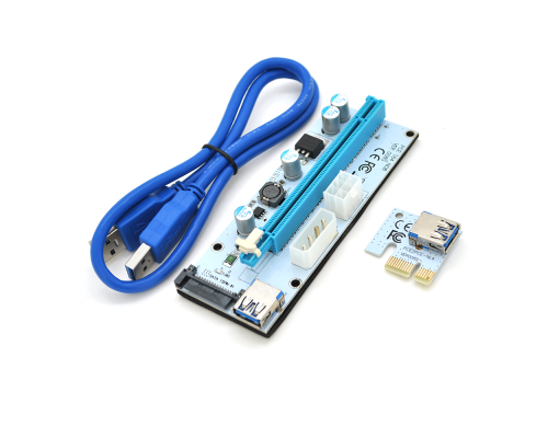 Riser PCI-EX, x1 => x16, 4-pin / 6-pin / Sata, USB 3.0 AM-AM 0,6 м (синій), конденсатори 270, White, Пакет