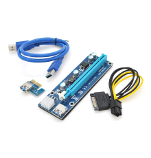 Riser PCI-EX, x1=>x16, 6-pin, SATA=>6Pin, USB 3.0 AM-AM 0,6 м (синій), конденсатори 270, Пакет