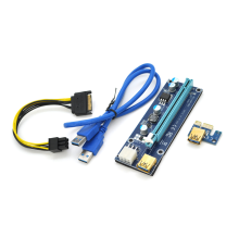 Riser PCI-EX, x1 => x16, 6-pin, SATA => 6Pin, USB 3.0 AM-AM 0,6 м (синій), конденсатори 270, Пакет